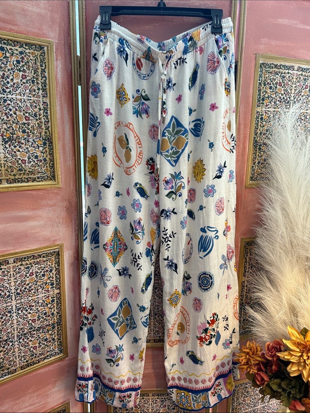 Boho White linen Floral-Print Wide Leg Pants